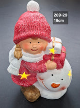 Figurină fetiță cu om de zăpadă, decor ceramic Crăciun - 18cm